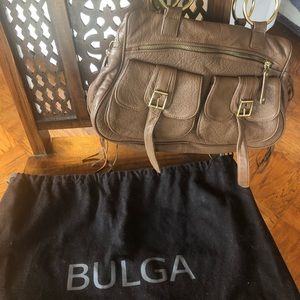 Brown leather handbag.